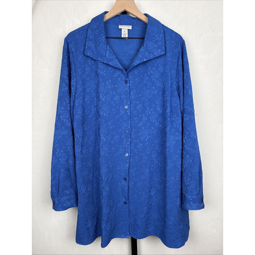 NEW Catherines Blue Floral Button Down Shirt Women's 2X Embroidered Flowy Career
